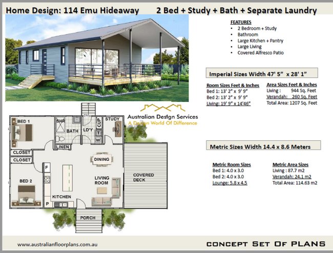 2 Bedroom Plan:Home Design: 114 Emu